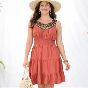 LOVE REIGN Size Small Rust Red Smocked Waist Beaded Neck‎ Tiered Ruffle Sundress